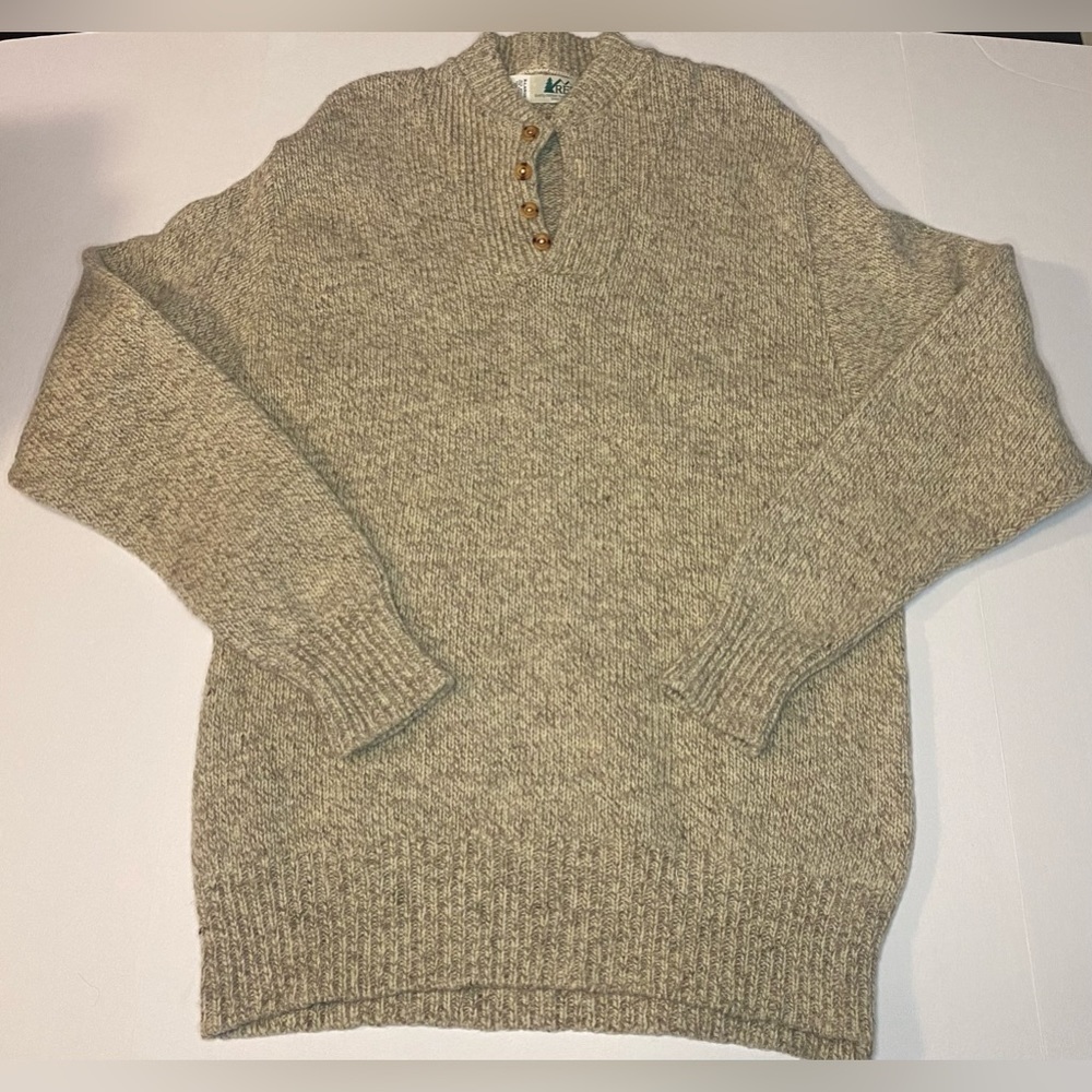 REI Men's XL Wool Blend BUTTON NECK Pullover Sweater MADE USA Chunky VTG
